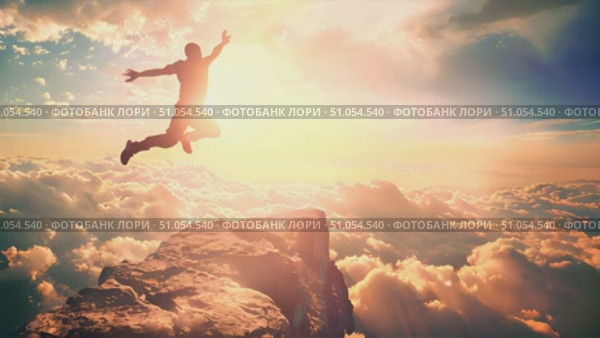 A man performs a daring leap off a cliff and into the open sky. Стоковое AI-видео, аниматор Данила Большаков / Фотобанк Лори
