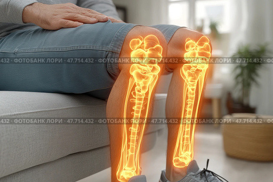 A man sits on a sofa with his hand on his knee, and through his legs are visualized glowing anatomical bones of the lower limbs - the hip, knee and ankle joints. Digital illumination of the bone structure emphasizes the medical or orthopedic theme of the image, ideal for articles and resources related to joint treatment, diagnostics, orthopedics, traumatology and physical therapy. Стоковое AI-изображение, AI-художник Анна Кривицкая / Фотобанк Лори