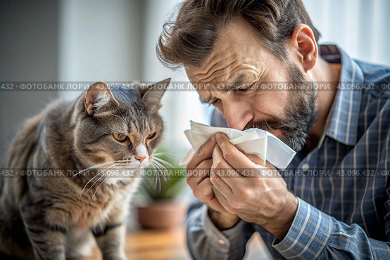 A man sneezes into a white napkin at home. Allergies to cats and pet hair. There's a cat sitting next to me. Стоковое AI-изображение, AI-художник Photojuli / Фотобанк Лори