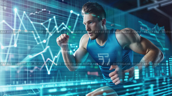 A man sprinting on a background of digital patterns and lights. Стоковое AI-изображение, AI-художник Данила Большаков / Фотобанк Лори