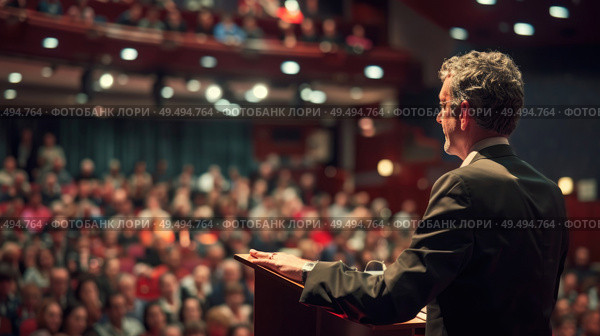 A man stands confidently at a podium, speaking to an attentive crowd of people gathered in front of him. Стоковое AI-изображение, AI-художник Данила Большаков / Фотобанк Лори