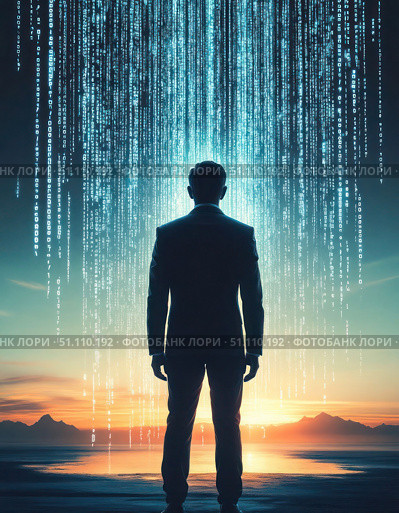 A man stands in front of a blue and white background with a spiral of numbers. Стоковое AI-изображение, AI-художник Ярославский Максим / Фотобанк Лори