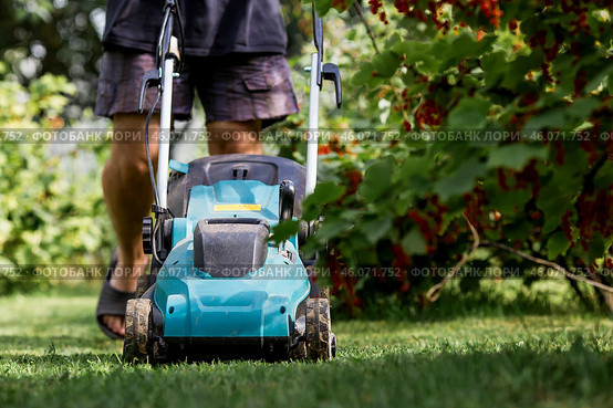 A man with a lawn mower mows the grass in the backyard. Agricultural machinery for garden maintenance. The banner. Стоковое фото, фотограф Photojuli / Фотобанк Лори
