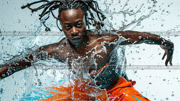 A man with dreadlocks dives into a pool of water, creating a dramatic splash. Стоковое AI-изображение, AI-художник Данила Большаков / Фотобанк Лори