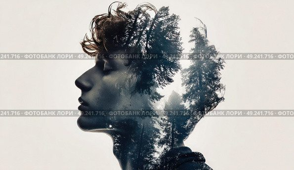 A man's face is shown in a forest-like style, with trees surrounding him. Стоковое AI-изображение, AI-художник Ярославский Максим / Фотобанк Лори