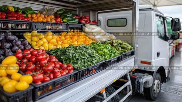 A market truck is filled with an array of colorful fruits and vegetables, inviting customers to explore fresh produce amidst a lively atmosphere. Стоковое AI-изображение, AI-художник Данила Большаков / Фотобанк Лори
