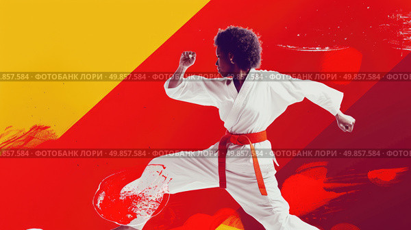 A martial artist in a white gi and red belt executes a karate move with focus and power. Стоковое AI-изображение, AI-художник Данила Большаков / Фотобанк Лори
