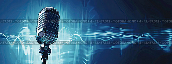 A microphone with an audio signal shape on a blue background. The concept of sound. Стоковое AI-изображение, AI-художник Ярославский Максим / Фотобанк Лори