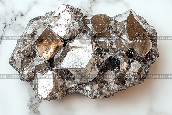 A mineral with characteristic metallic crystals. This is pyrophyllite, which has a bright metallic luster that creates a beautiful reflection of light. It consists of large multifaceted crystals with angular surfaces and a shiny texture. Some areas of the mineral have golden hues, which creates a contrast with the silvery and gray areas of the crystals. The crystals are arranged in groups, creating the effect of a dense accumulation of the mineral. The background emphasizes the beauty of the mineral, highlighting it in the center of the composition. Стоковое AI-изображение, AI-художник Анна Кривицкая / Фотобанк Лори
