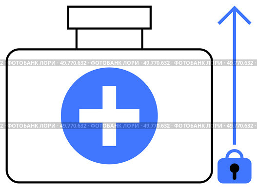 A minimalist style medical first aid kit with a blue cross symbol, accompanied by an upward arrow and a blue lock. Ideal for health care, first aid, safety, medical security, emergency preparedness. Medical First Aid Kit with Security Lock and Upward Arrow Symbolizing Safety and Protection. Стоковая иллюстрация, агентство Ingram Publishing / Фотобанк Лори