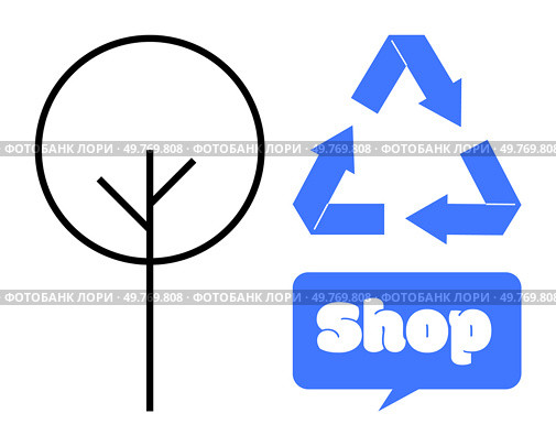 A minimalistic design featuring a tree and a recycle symbol emphasizes environmental consciousness. Ideal for eco-friendly campaigns, green products, sustainability education, recycling programs. Sustainability Symbols for Eco-Friendly Shopping and Recycling Initiatives. Стоковая иллюстрация, агентство Ingram Publishing / Фотобанк Лори