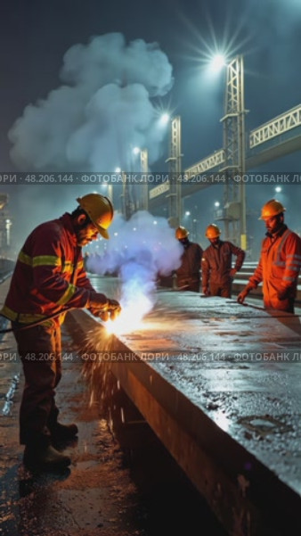 A modern shipyard, workers in hard hats welding massive steel plates, with cranes and scaffolding in the background. Стоковое AI-видео, аниматор Sergey Grishin / Фотобанк Лори