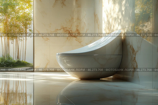 A modern toilet with a minimalist and futuristic design. It has a rounded, smooth shape and is made in white with a glossy surface. The toilet is installed in a spacious room with marble walls and floors, which gives the interior a luxurious and elegant look. Natural light comes through a large window overlooking a garden with bamboo plants, creating a feeling of freshness and harmony with nature. Light glare and shadows complement the atmosphere of coziness and cleanliness, and reflections on glossy surfaces enhance the effect of space. Стоковое AI-изображение, AI-художник Анна Кривицкая / Фотобанк Лори