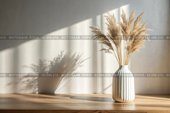 A modern white ceramic vase with dried grass on a wooden table. Scandinavian interior. An empty white wall with a shadow from the window. Стоковое AI-изображение, AI-художник Photojuli / Фотобанк Лори
