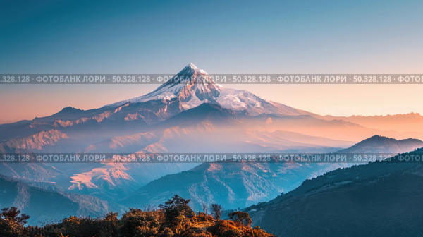 A mountain covered in a blanket of snow, creating a white and serene vista under the clear sky. Стоковое AI-изображение, AI-художник Данила Большаков / Фотобанк Лори