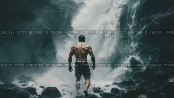 A muscular man walks towards a waterfall in a rocky landscape. The scene captures the power of nature and human strength. Стоковое AI-видео, аниматор Nart / Фотобанк Лори