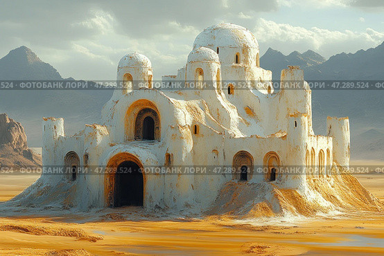 A mysterious structure in the desert, reminiscent of an ancient temple or an abandoned palace. The architecture includes domes and arched entrances covered in white plaster, which in places has crumbled, revealing a sandy base. The building seems to grow out of the desert itself, merging with the surrounding landscape. The background consists of mountain ranges and a cloudy sky, creating a dramatic atmosphere. The whole image is filled with a sense of antiquity, mystery and mysticism. Стоковое AI-изображение, AI-художник Анна Кривицкая / Фотобанк Лори