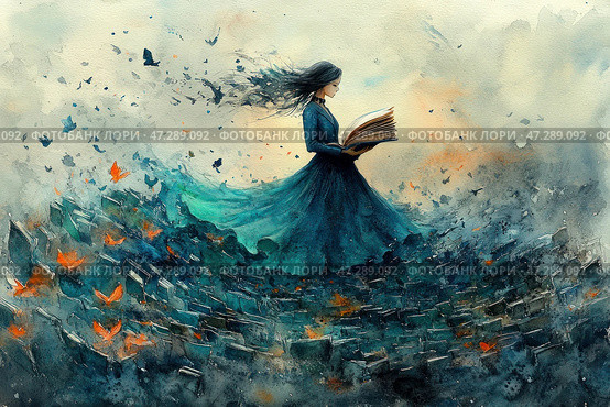 A mystical girl in a long dark blue dress reading an old book. Her hair flutters as if dissolving in the air, turning into a flock of black and blue butterflies. Open books are scattered beneath her, as if forming a stream of knowledge that carries her into a fantasy world. A deep watercolor palette of blue, dark and orange shades creates an effect of mystery and magic. The painting conveys a sense of magic, inspiration and the boundless power of imagination. Стоковое AI-изображение, AI-художник Анна Кривицкая / Фотобанк Лори