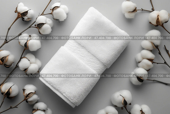 A neatly folded white hotel towel with cotton around on grey background. Аккуратно сложенное белое гостиничное полотенце с хлопком вокруг на сером фоне. Стоковое AI-изображение, AI-художник Katsiaryna Repich / Фотобанк Лори