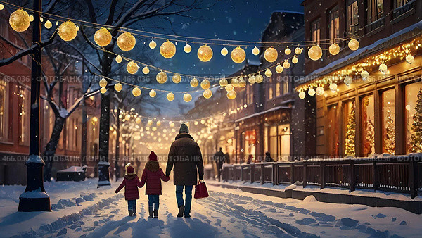 A New Year's or Christmas card. A little girl with her dad is walking along a city street decorated with glowing garlands for the holiday. The atmosphere of magic and fairy tales. Стоковое AI-изображение, AI-художник Photojuli / Фотобанк Лори
