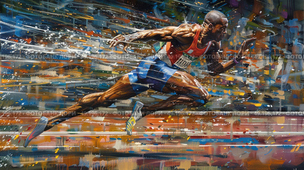 A painting depicting a man sprinting on a track with intense focus and speed. Стоковое AI-изображение, AI-художник Данила Большаков / Фотобанк Лори