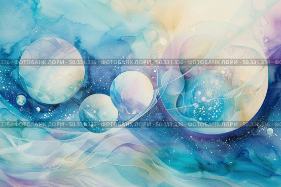 A painting depicting bubbles floating in the air against a soft background, showcasing their lightweight and ephemeral nature. Стоковое AI-изображение, AI-художник Данила Большаков / Фотобанк Лори