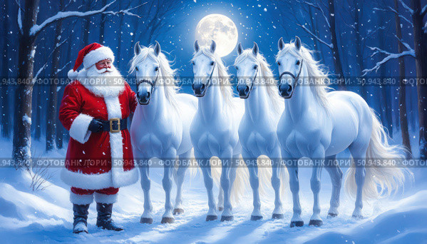 A painting of Santa Claus standing in front of four white horses. Стоковое AI-изображение, AI-художник Ярославский Максим / Фотобанк Лори