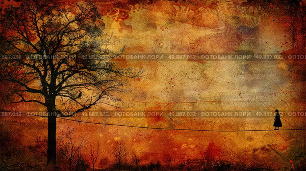A painting showing a person walking on a wire with a tree in the background. Стоковое AI-изображение, AI-художник Данила Большаков / Фотобанк Лори