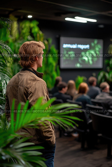 A participant observes a presentation on an annual report while standing among lush plants in a contemporary conference room. Стоковое AI-изображение, AI-художник Данила Большаков / Фотобанк Лори