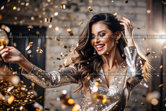 A party. A beautiful, happy girl in a stylish festive dress surrounded by gold confetti and sequins. The concept of celebrating a birthday and a happy new year. Close-up. Стоковое AI-изображение, AI-художник Photojuli / Фотобанк Лори