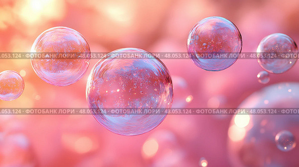 A pastel pink background with floating soap bubbles for product branding. Пастельно-розовый фон с плавающими мыльными пузырями для брендирования продукции. Стоковое AI-изображение, AI-художник Katsiaryna Repich / Фотобанк Лори