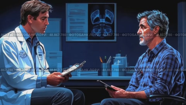 A patient meets with a doctor in a dimly lit office to discuss important health issues during a late evening consultation. Стоковое AI-видео, аниматор Данила Большаков / Фотобанк Лори