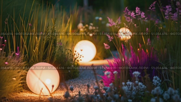 A peaceful walkway in a garden, bordered by vibrant plants and glowing spherical lights as evening sets in. Стоковое AI-видео, аниматор Данила Большаков / Фотобанк Лори