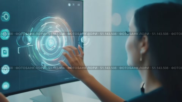 A person engages with a high-tech display using touch gestures in a contemporary office setting. Стоковое AI-видео, аниматор Данила Большаков / Фотобанк Лори