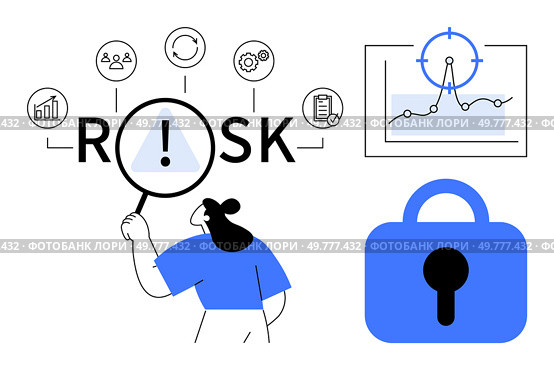 A person examines a large magnified word risk. Connected symbols highlight security and analysis. A chart indicates risk assessment. A blue padlock symbolizes security. Ideal for finance, analysis. Risk Management Concept with Security, Analysis, and Threat Detection in Business. Стоковая иллюстрация, агентство Ingram Publishing / Фотобанк Лори