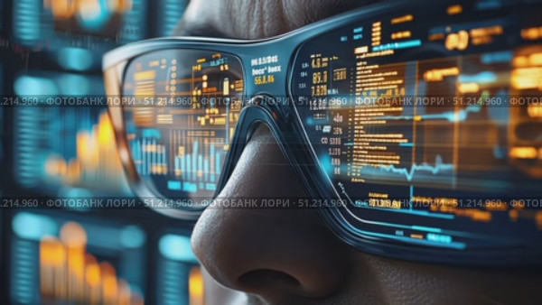 A person examines detailed data projections through advanced augmented reality glasses in a high-tech research lab focused on analytics. Стоковое AI-видео, аниматор Данила Большаков / Фотобанк Лори