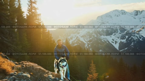 A person hikes alongside a Siberian husky, enjoying stunning mountain vistas and the warmth of a sunset over the landscape. Стоковое AI-видео, аниматор Данила Большаков / Фотобанк Лори