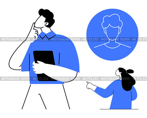 A person holding a tablet pondering with another pointing at them. An avatar headshot in a circle nearby. Ideal for business, education, teamwork, brainstorming, and communication. Modern clean style. Business and Education Concept Artwork Featuring Pensive Person and Vector Avatar. Стоковая иллюстрация, агентство Ingram Publishing / Фотобанк Лори