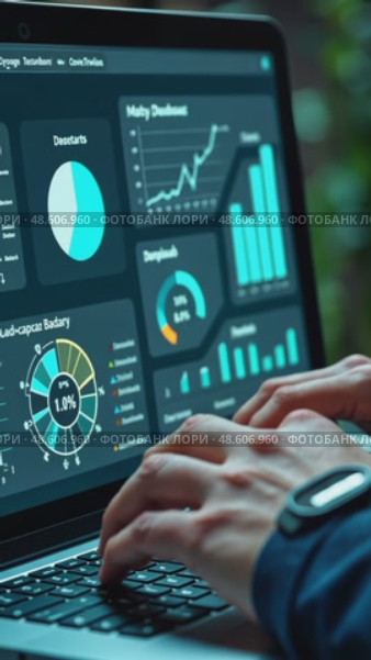 A person in a business suit working on a laptop with virtual icons related to key performance indicators (KPI), displaying business dashboard. Стоковое AI-видео, аниматор Sergey Grishin / Фотобанк Лори