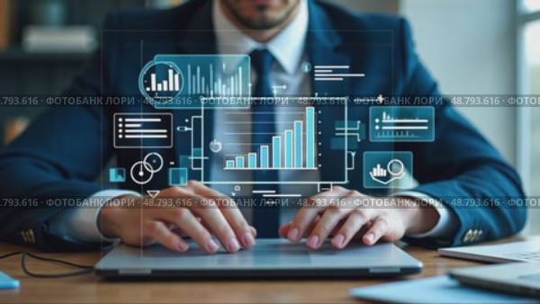 A person in a business suit working on a laptop with virtual icons related to project management, featuring task lists analysis and business processes flowing chart. Стоковое AI-видео, аниматор Sergey Grishin / Фотобанк Лори