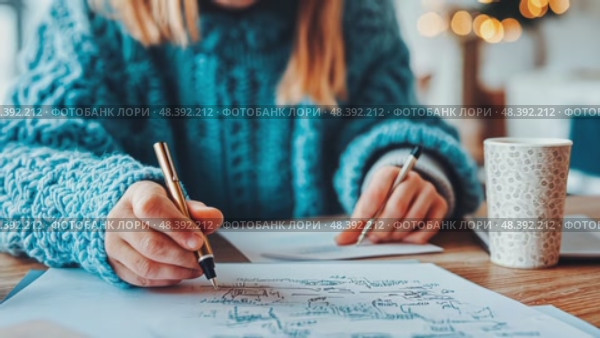 A person in a chunky blue sweater is deeply focused on a brainstorming session, jotting down ideas while enjoying a warm beverage in a cozy indoor atmosphere decorated with soft lighting. Стоковое AI-видео, аниматор Данила Большаков / Фотобанк Лори