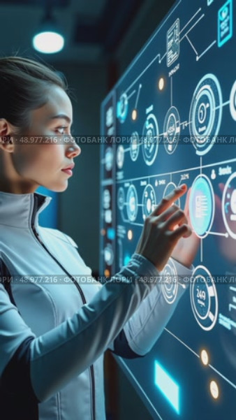 A person in a futuristic suit interacting with holographic tech elements, including digital icons and interfaces, front view, bright hi-tech background. Стоковое AI-видео, аниматор Sergey Grishin / Фотобанк Лори