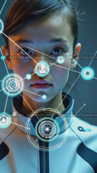 A person in a futuristic suit interacting with holographic tech elements, including digital icons and interfaces, front view, bright hi-tech background. Стоковое AI-видео, аниматор Sergey Grishin / Фотобанк Лори