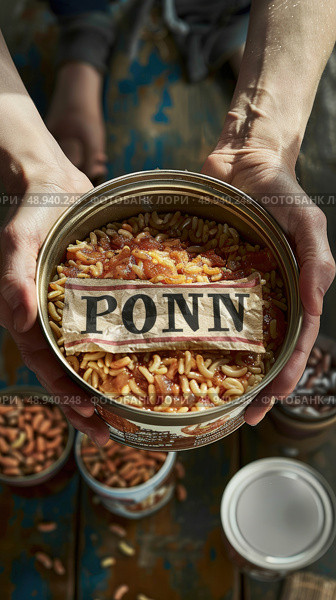 A person is holding a can of canned grubs, with the label partially obscured. There are other cans of grubs in the background. Стоковое AI-изображение, AI-художник Данила Большаков / Фотобанк Лори