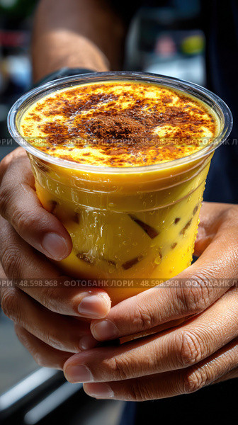 A person is holding a cup of a drink with a brownish color. Стоковое AI-изображение, AI-художник Ярославский Максим / Фотобанк Лори