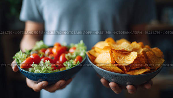 A person is holding two bowls, one containing a salad. Стоковое AI-изображение, AI-художник Ярославский Максим / Фотобанк Лори