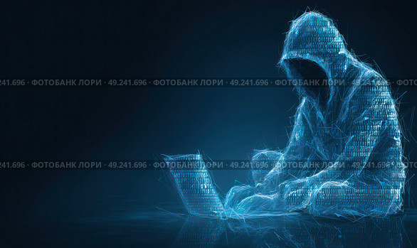 A person is sitting in front of a laptop with a hood over their head. Стоковое AI-изображение, AI-художник Ярославский Максим / Фотобанк Лори