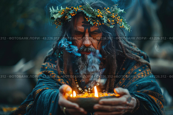 A person resembling an ancient shaman or druid. He has long gray hair and a beard, decorated with a wreath of greenery and orange berries. His face is painted with black patterns, giving him a mystical appearance. He holds in his hands a bowl with burning candles, from which smoke rises. The shaman is dressed in dark clothes with ornaments, which are additionally decorated with beads and amulets. Стоковое AI-изображение, AI-художник Анна Кривицкая / Фотобанк Лори