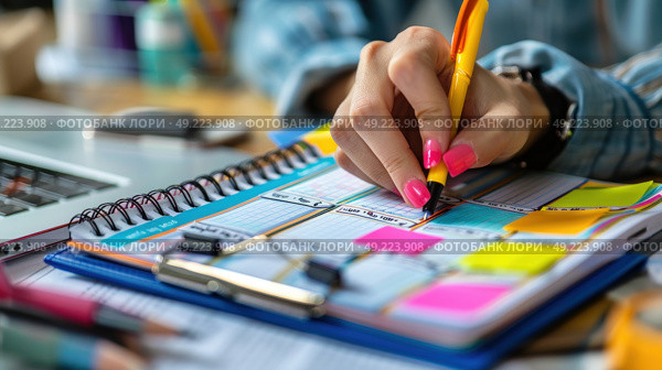 A person sitting at a desk, writing on a notebook with a pen. Стоковое AI-изображение, AI-художник Данила Большаков / Фотобанк Лори