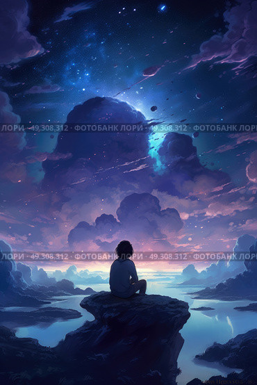 A person sitting on a rock, gazing up at the sky and clouds in contemplation. Стоковое AI-изображение, AI-художник Данила Большаков / Фотобанк Лори